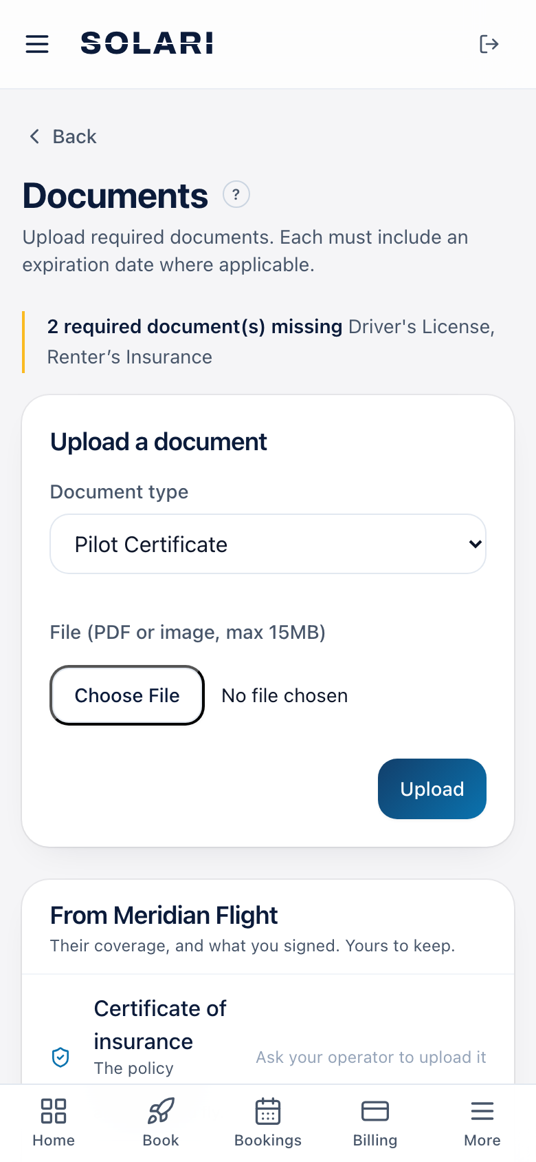 A pilot uploading required documents from a phone: certificate, medical and insurance, each checked before they can fly