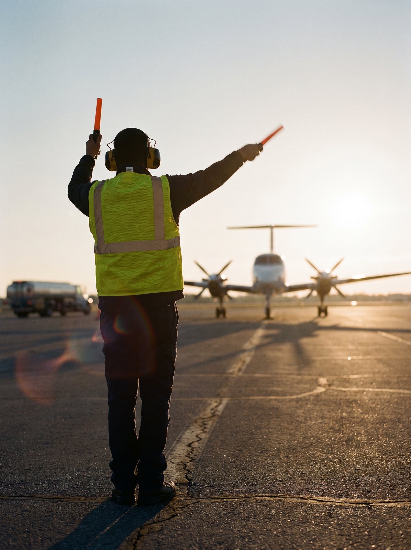 A lineman marshalling an aircraft onto the ramp