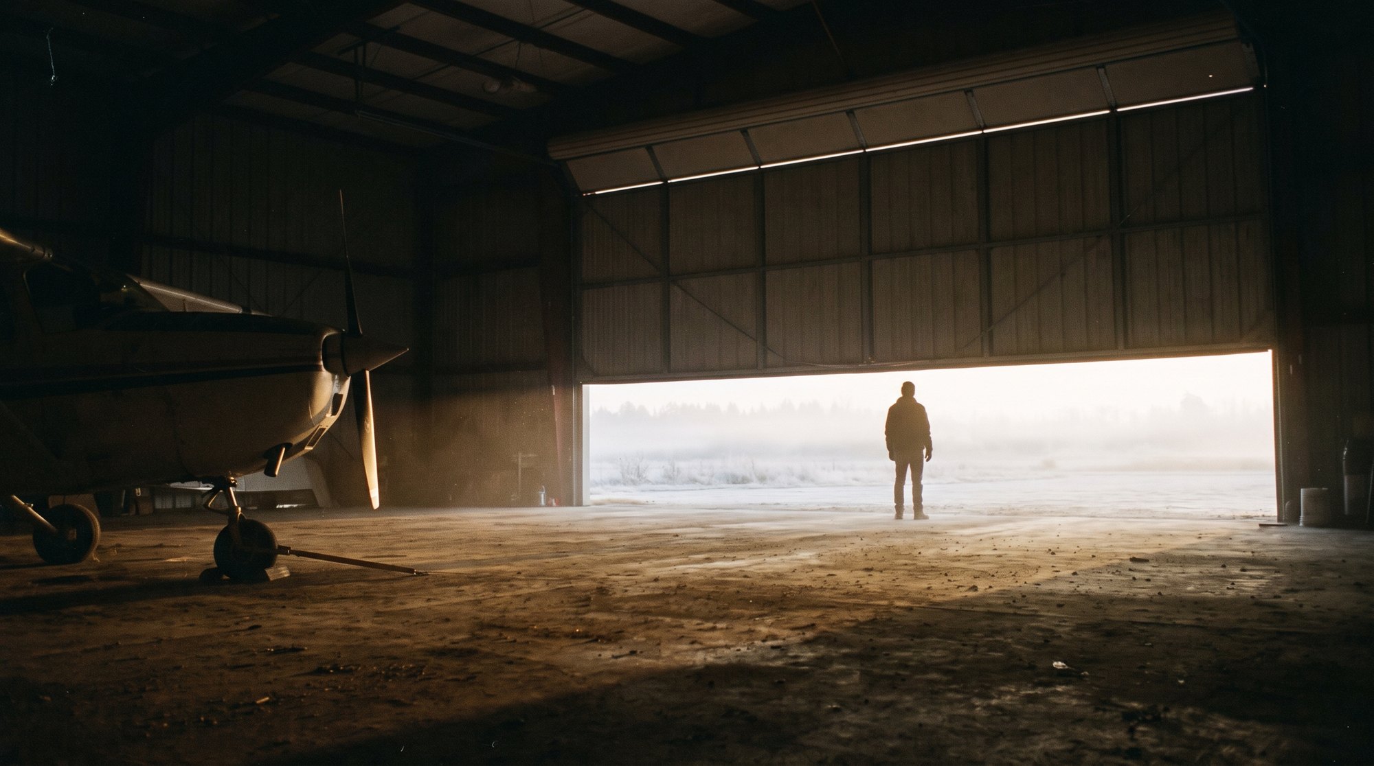 A single-engine airplane inside a hangar at dawn, seen from the back of the hangar toward the open door