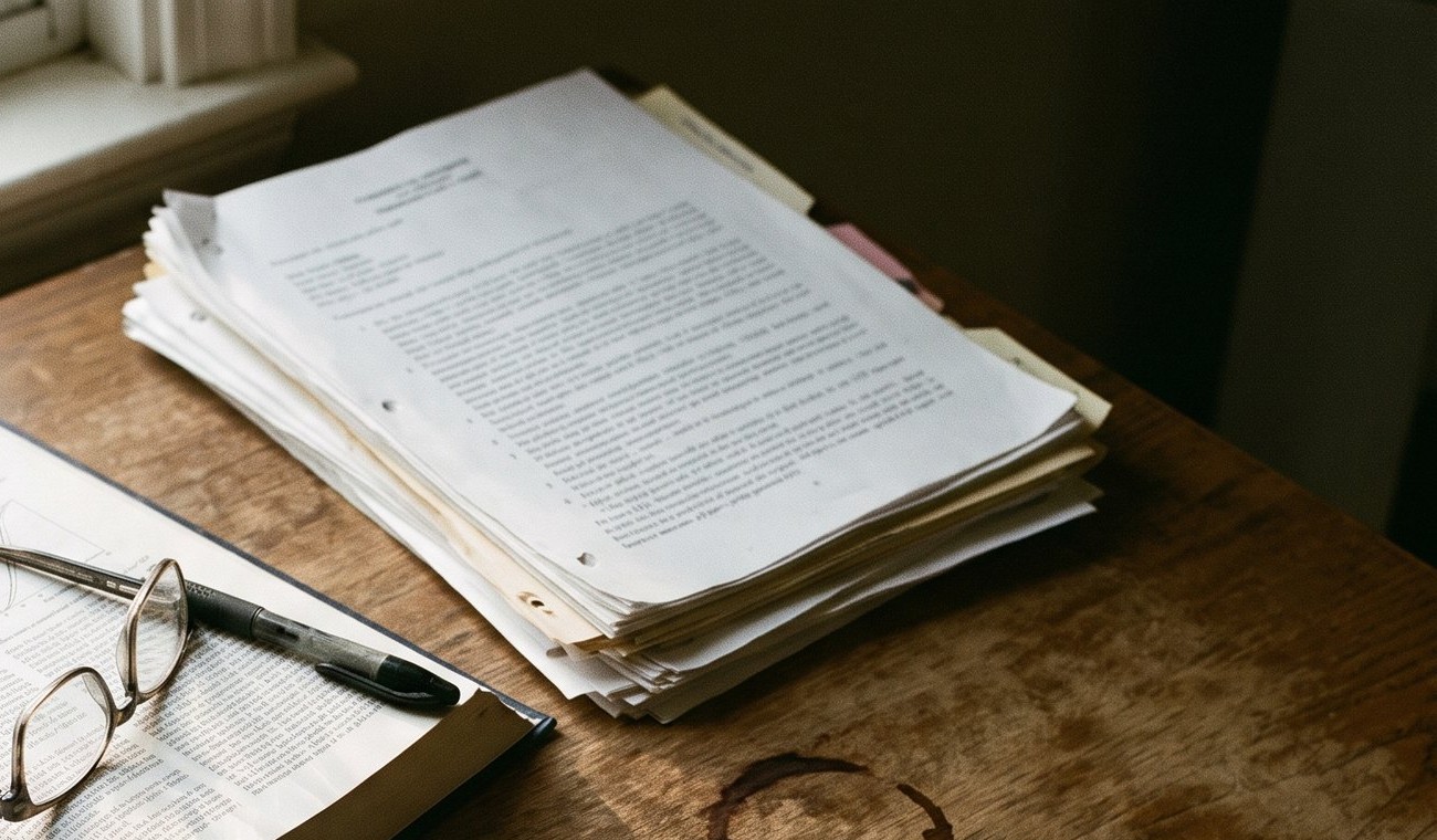 A thick stack of stapled, tabbed insurance policy paperwork on a desk beside reading glasses and a pen